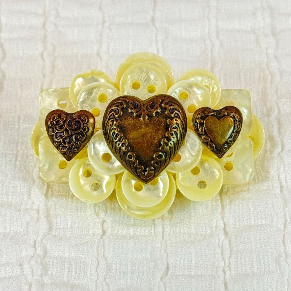 Vintage Button Brooch Pin with Ornate Brass Hearts